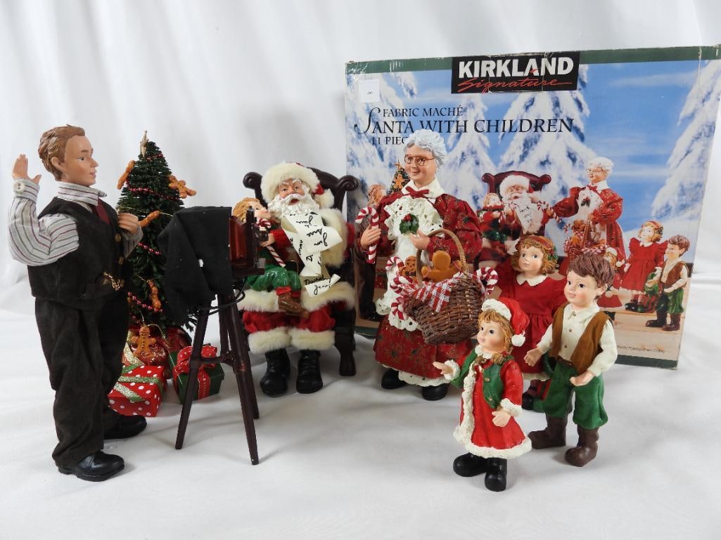KIRKLAND FABRIC MACHE Santa (11 pcs) in orig box: KIRKLAND FABRIC MACHE Santa with Children (11 pcs) in original box, Item #177249: Santa in chair holding child 6"Lx6"Wx9"T, Christmas tree decorated with gingerbread, 4.5"Lx4.5"Wx11"T, red polka dot p