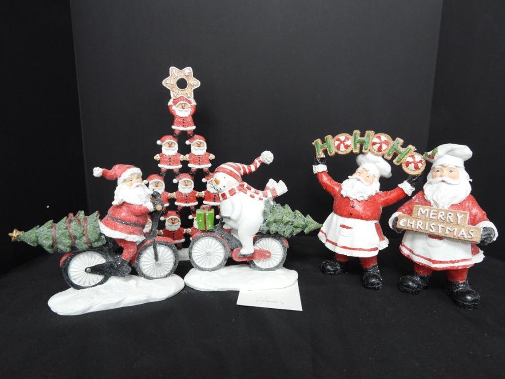 LOT OF 5 Holiday and Santa by VALERIE PARRHILL: LOT OF 5 Holiday and Santa by VALERIE PARRHILL with styrofoam support for storage, Santa with Merry Christmas, 4.5"Lx4"Wx8"T, Santa with HoHoHo sign with peppermint candies as letter O, 6"Lx4"Tx8.5"T,