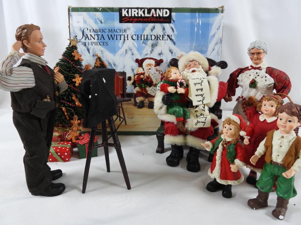 KIRKLAND FABRIC MACHE Santa (11 pcs) in orig box: KIRKLAND FABRIC MACHE Santa with Children (11 pcs) in original box, Item #177249: Santa in chair holding child 6"Lx6"Wx9"T, Christmas tree decorated with gingerbread, 4.5"Lx4.5"Wx11"T, red polka dot p