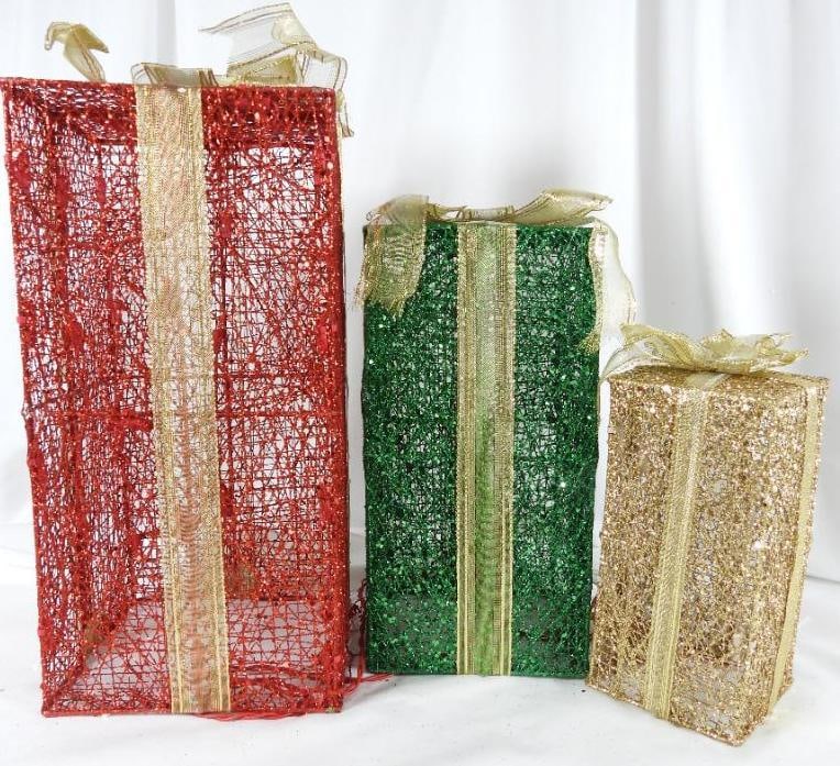 SET OF 3 Sparkling LIGHTED green/red/gold presents (1 of 6)