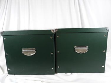 TWO GREEN BYERS' CHOICE STORAGE BOXES with handles