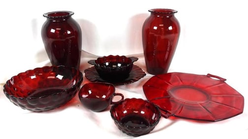 LOT OF 8 ANTIQUE VINTAGE Ruby Red Cranberry Glass