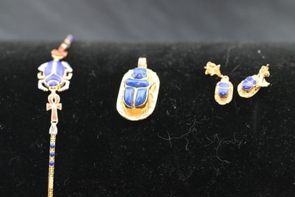 3 pc Gold and blue stone scarab pendant earrings bracelet set