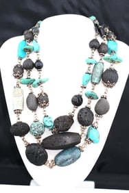 Steven Dweck Sterling silver chunky 3 strand lava and turquoise necklace.