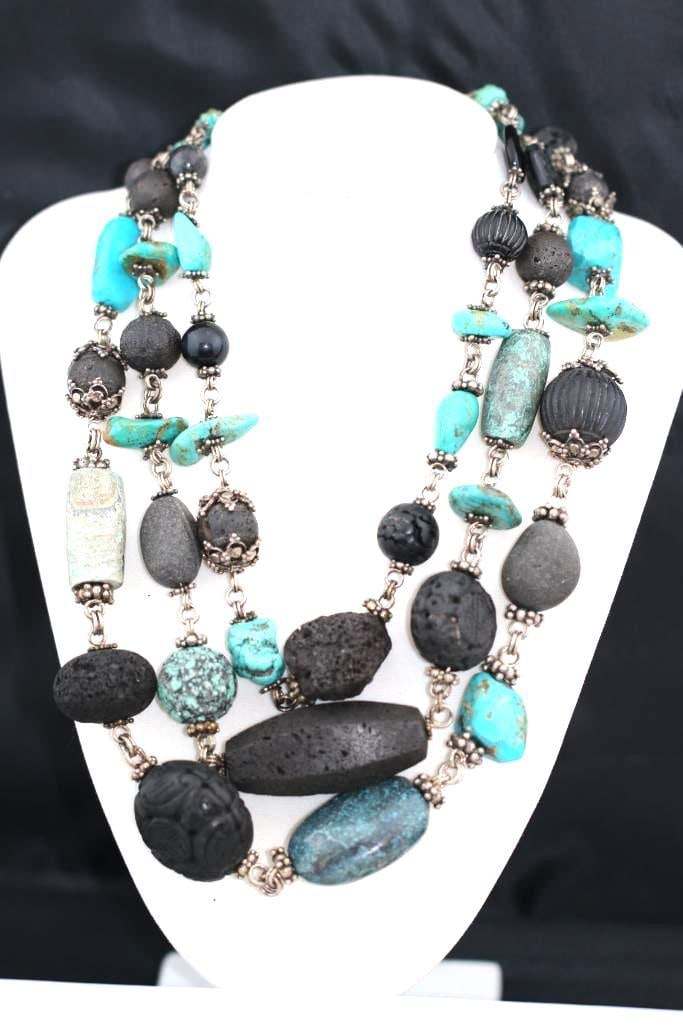 Steven Dweck Sterling silver chunky 3 strand lava and turquoise necklace. (1 of 13)