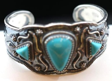 Early Carolyn Pollack Relios Native Sterling turquoise cuff bracelet