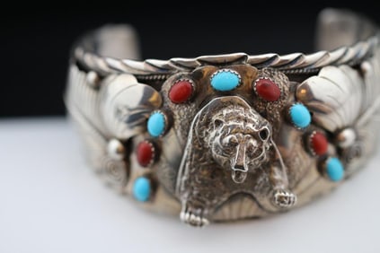 Navajo S. Ray Sterling Silver Bear Turquoise Cuff Bracelet