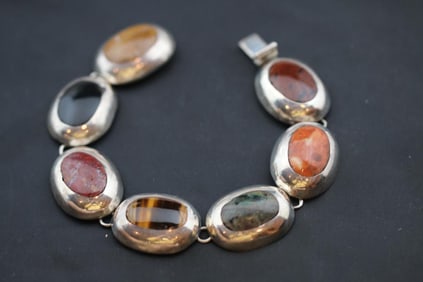 Sterling Silver Mexico multi stone link bracelet 33.8 grams