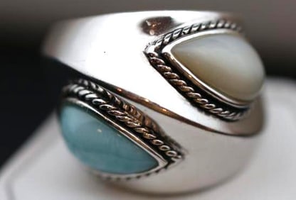 Sterling silver larimar and white mop ring 11.5 grams