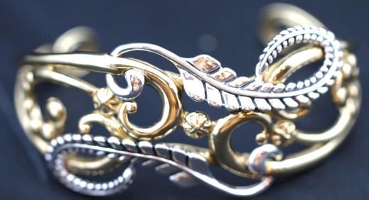 Vintage Carolyn Pollack Sterling Silver & Brass Scroll cuff bracelet