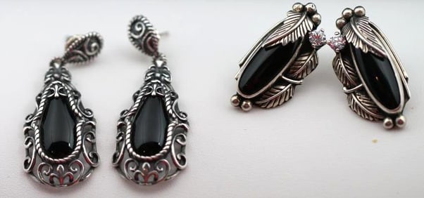 Vintage Carolyn Pollack Sterling Silver Lot of 2 pair black onyx earrings