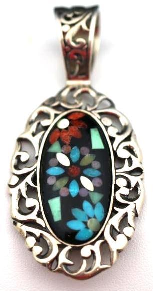 Vintage Carolyn Pollack multi gemstone inlaid flower pendant: Gorgeous inlaid pendant enhancer is large scroll design black onyx with carnelian, turquoise, mother of pearl, pink quartzite. Weighs 15.5 grams. Measures: 2-3/8" with the 1/2" bail.