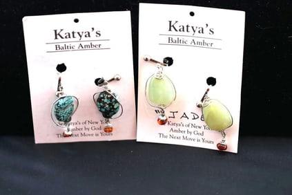 lot of 2 pair NEW Katya's Baltic Amber, Jade & Turquoise earrings