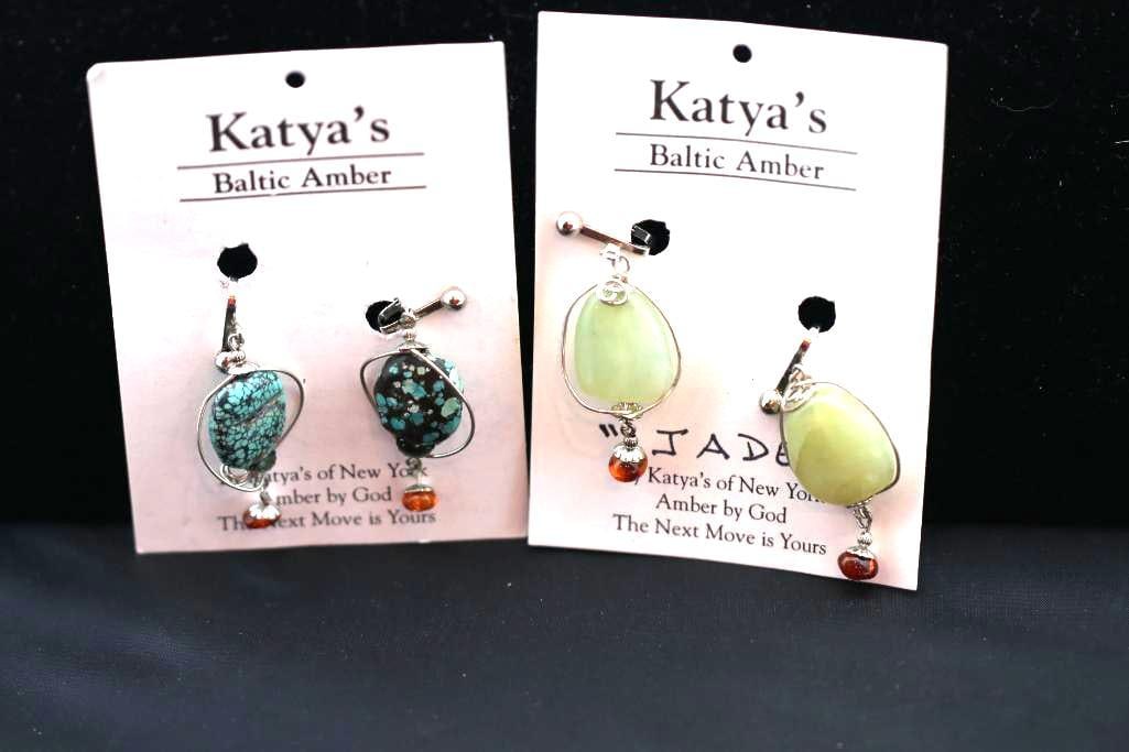lot of 2 pair NEW Katya's Baltic Amber, Jade & Turquoise earrings (1 of 8)