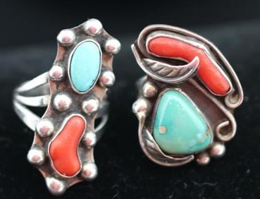Lot of Sterling silver native American turquoise and red coral rings