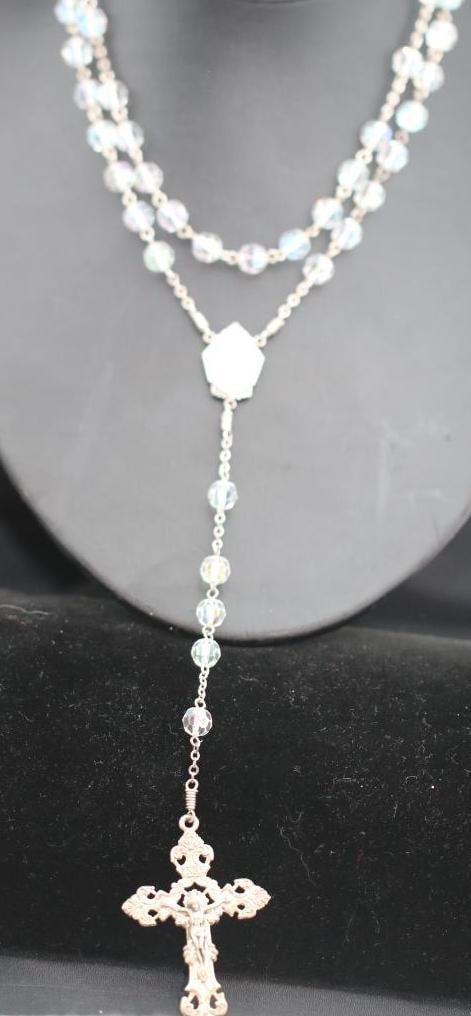 Sterling Silver Rosary Crucifix with AB beads 61.2 grams.: Gorgeous vintage faceted Aurora borealis beads with sterling silver fittings, links, crucifix cross of Jesus and Blessed Mother Mary. This is one of the most beautiful rosaries. Crucifix measures: 2-3