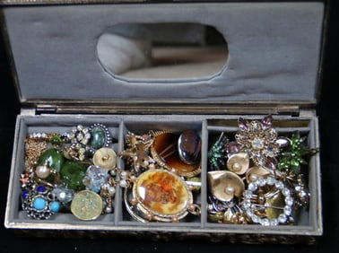 Huge Vintage Jewelry In Vintage Jewelry box silver tone