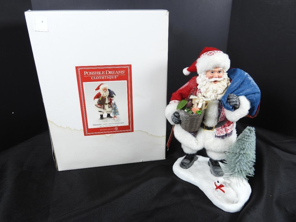 POSSIBLE DREAMS CLOTHTIQUE Fruit and Veggie Bkt: DEPT 56 POSSIBLE DREAMS CLOTHTIQUE Fruit and Veggie Basket Santa holding basket and blue sack with tree and white rabbit, #6005283, original white box (see wear) LIGHTED tree uses 3 cell batteries (no