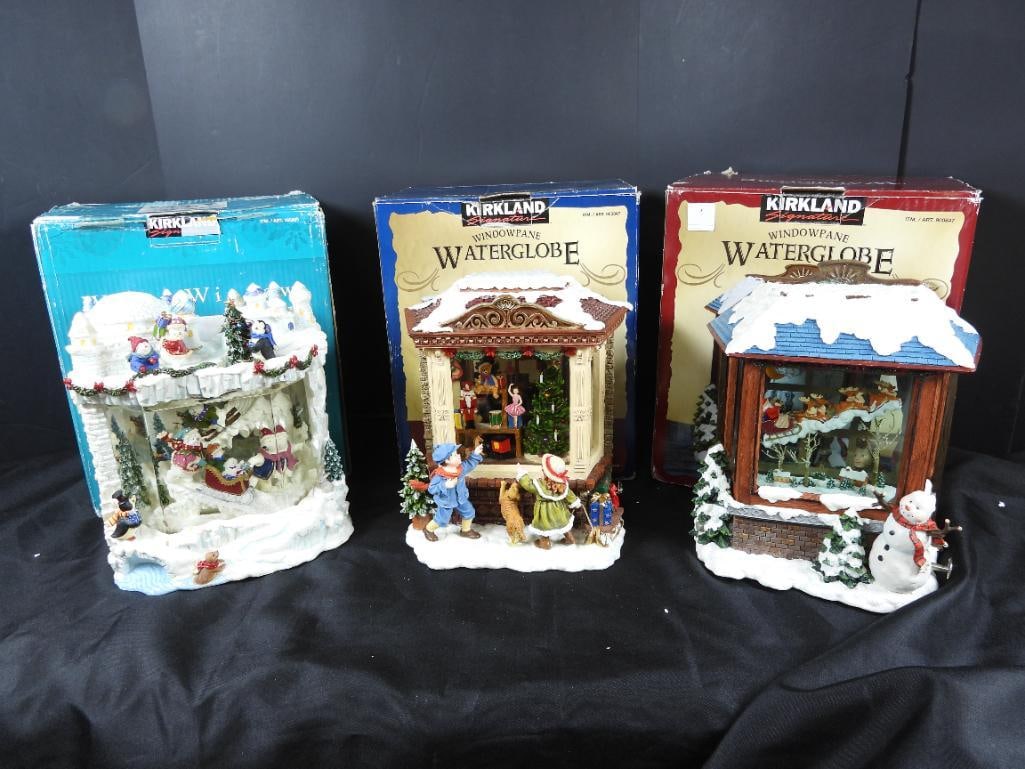 LOT OF 3 KIRKLAND WINDOWPANE WATER GLOBES: LOT OF 3 KIRKLAND WINDOWPANE WATER GLOBES: Snowman Water window #166869, 8"Lx6"Wx10"T, Snowman Santa with Reindeer Water Globe $9008547 in red box, 8"Lx6.5"Wx11"T, Children at window with dog water pa