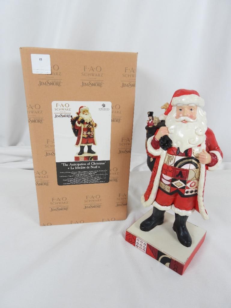 FAO SCHWARZ JIM SHORE Santa in original box: FAO SCHWARZ JIM SHORE Santa with Toy Bag Figurine in original box; 4"Lx3.75"Wx10.5"T