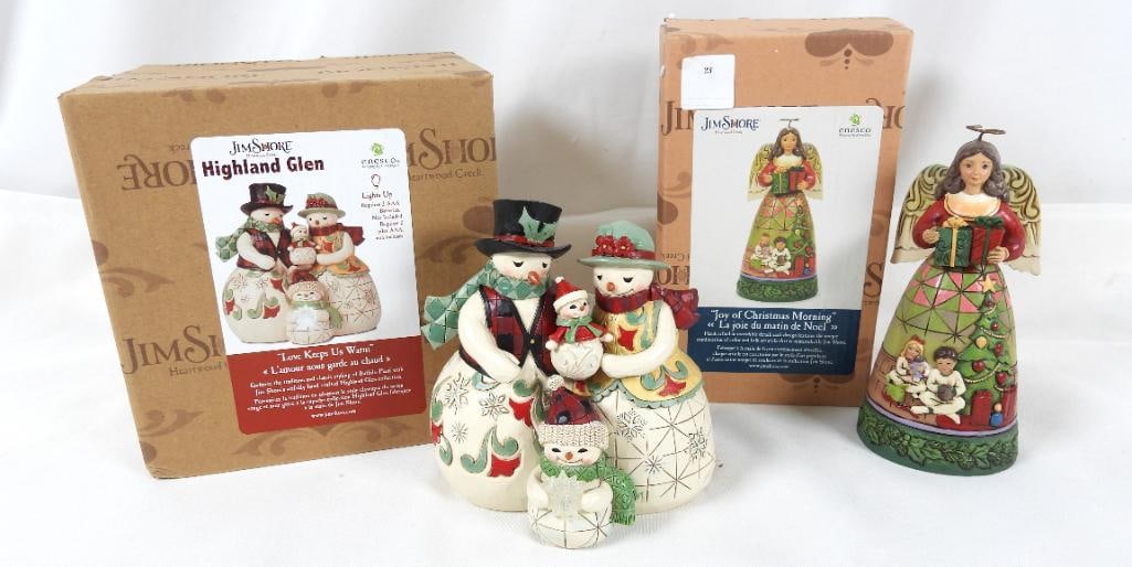 LOT OF 2 JIM SHORE Snowman Family and Angel: LOT OF 2 JIM SHORE Snowman Family and Angel: "Joy of Christmas Morning" Angel #6011163, in original box, 3"Lx3"Wx6"T, and Highland Glen LED Snowman Family Figurine #6015443, in original box, not teste