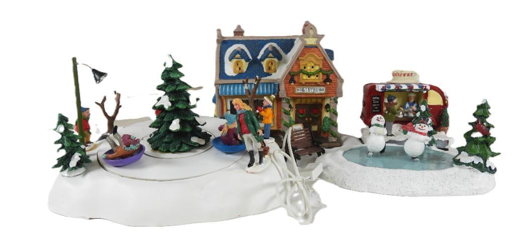 LOT OF 4 including Christmas shop with bulb: LOT OF 4 including Christmas shop with bulb, not tested:7"Lx5"Wx6.5"T; Snow tubing LEMAX display with magnetic snow tubers and battery box, not tested:9"Lx7.5"Wx5.5"T; Coffee shop food truck: 4.5"Lx3"