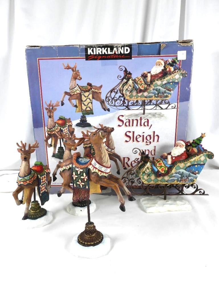 KIRKLAND SIGNATURE Sleigh and Reindeer: KIRKLAND SIGNATURE Sleigh and Reindeer in original box and Styrofoam for storage: 3 reindeer included with Santa in sleigh: 10.5"Lx4"Wx9"T; Reindeer 1: 7"Lx3.5"Wx9"T; Reindeer 2: 7"Lx3.5"Wx10"T; Reind