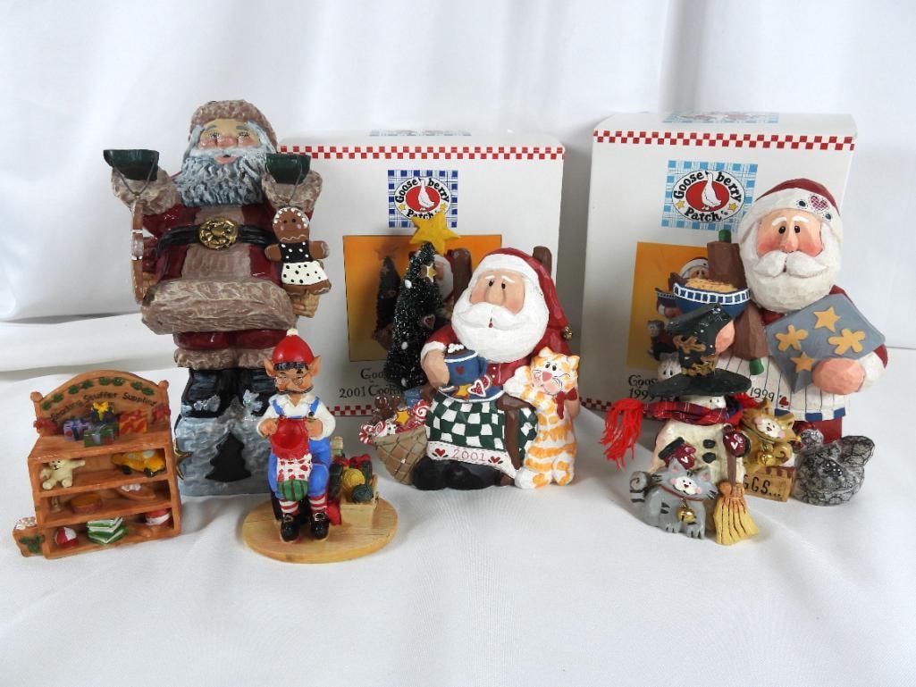 LOT OF 6 including GOOSEBERRY PATCH Santas: LOT OF 6 including GOOSEBERRY PATCH Santas: GOOSEBERRY PATCH 2001 Cookies and Cocoa Santa: 5.5"Lx3"Wx6"T; GOOSEBERRY PATCH 1999 Baker Santa: 5"Lx3'Wx7.5"T; Cats and snowman with broom and bells: 3.5"L