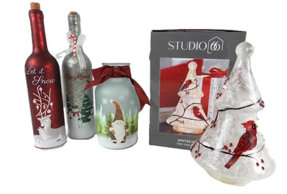 LOT OF 4 LIGHTED bottles and STUDIO 66 tree, box