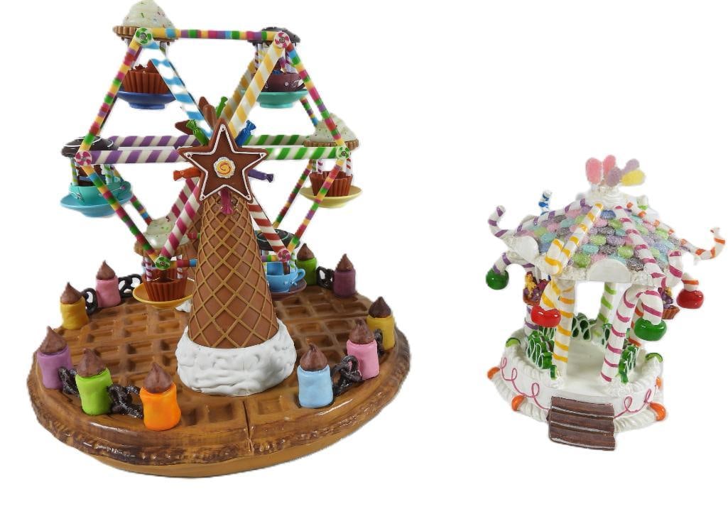 LOT OF 2: LEMAX SUGAR 'N SPICE in original boxes: LOT OF 2: LEMAX SUGAR 'N SPICE in original boxes: Candy cane gazebo, 5.5"Lx5.5"Wx6"T; Yummy, yummy! Ferris Wheel with moving cars, pretzels, candy, ice cream condes and waffle base, adapter included,