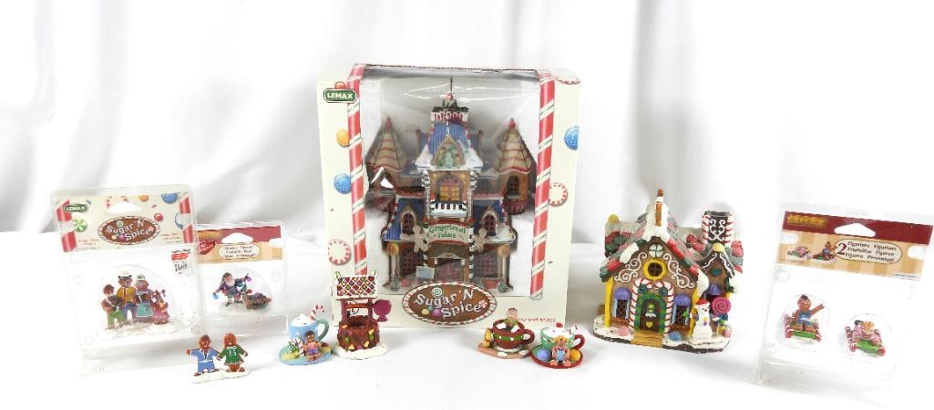 LOT OF 8 LEMAX GINGERBREAD, SUGAR 'N SPICE: LOT OF 8 LEMAX GINGERBREAD: Sugar 'N Spice Gingerbread Palace new in box, box dimensions: 10"Lx6"Wx11"T; Sugar 'N spice wishing well of delights set of 2, well, 2.25"Lx1.75"W3.5"T and gingerbread girl