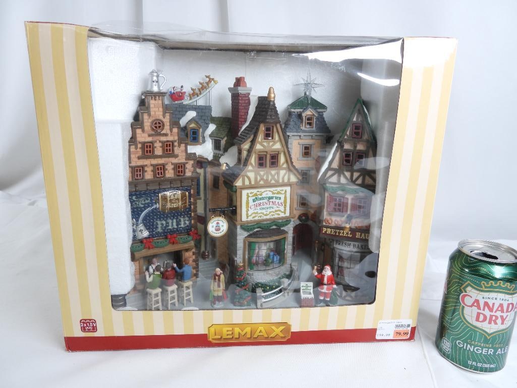LEMAX Essex Street Façade Wintergarden Lane NIB: LEMAX Essex Street Façade Wintergarden Lane, BRAND NEW in box #05701, showcasing Cask & Stein Pub, Pretzel Haus, candle maker, nutcracker and more, 3 AA batteries required/not included, box dimension