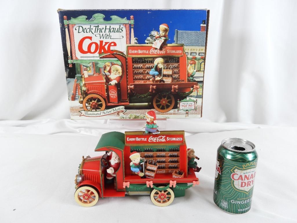 DECK THE HAULS WITH COKE, COCA-COLA lighted/music: DECK THE HAULS WITH COKE, COCA-COLA ILLUMINATED ACTION MUSICAL, ENESCO, plays JINGLE BELLS, #593591, 1993, red drink truck with Santa driving and children on back, drivers door opens/closes, 9"Lx4"Wx7