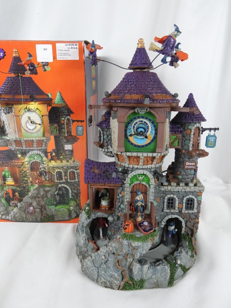 LEMAX SPOOKY TOWN EXCLUSIVE The Witching Hour: LEMAX SPOOKY TOWN EXCLUSIVE The Witching Hour in original box, SIGHTS AND SOUNDS, witches castle with flying witches, broom parking, jack-o-lanterns and more, castle top with witches gets attached alo