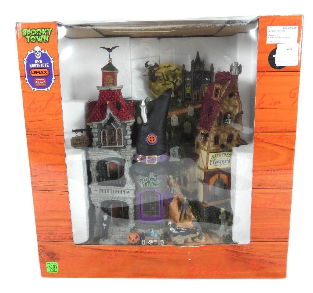 BRAND NEW LEMAX SPOOKY TOWN EXCLUSIVE Raven Hill: BRAND NEW LEMAX SPOOKY TOWN EXCLUSIVE Raven Hill in original box, #25919, MICHAELS EXCLUSIVE, Essex Street Façade, batteries not included, mortuary, notion's potions, withered flowers, tombstones in