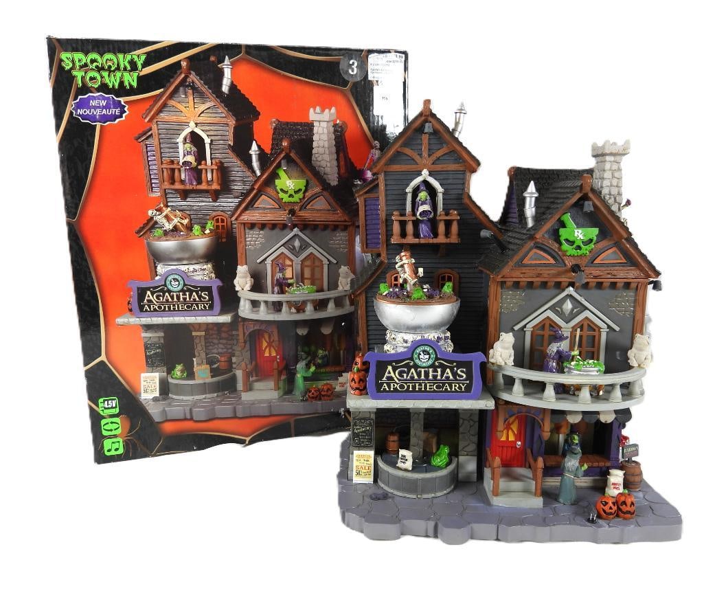 LEMAX SPOOKY TOWN Agatha's Apothecary in orig box: LEMAX SPOOKY TOWN Agatha's Apothecary in original box, #25848, musical and rotating with adapter included/not tested, witches, skeletons, witches brew, toads, jack-o-lanterns, potion and more, 9.5"Lx6