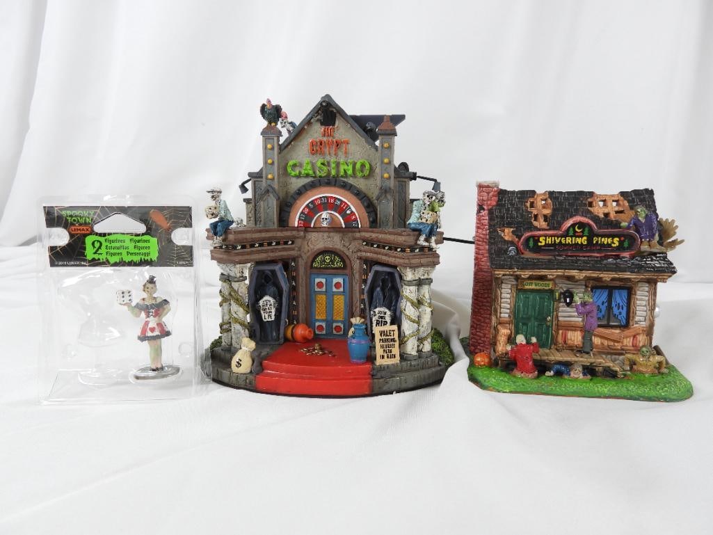 LOT OF 3 LEMAX SPOOKY TOWN Casino/Hostess/Camp: LOT OF 3 LEMAX SPOOKY TOWN: The CRYPT Casino with skeletons, buzzard, money bags, and more, adapter included/not tested, 7"Lx6.5"Wx7.5"T; Casino Hostess holding dice, in package, 1.5"Lx1"Wx2.5"T; Shiv