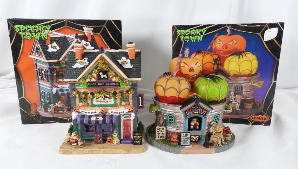 LOT OF 2 LEMAX SPOOKY TOWN Bad Apple/Dog Supply: LOT OF 2 LEMAX SPOOKY TOWN in original boxes, The BAD APPLE Shop, #15728 with candy corn, spiders, spider webs, skeletons, jack-o-lanterns and more, 7"Lx5"Wx7.5"T; Best Buds Dog Supply Store, #95459,