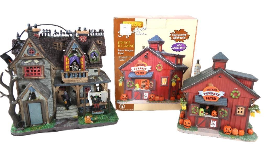 LOT OF 2 LEMAX: SIGNATURE SERIES/SPOOKY TOWN: LOT OF 2 LEMAX: SIGNATURE SERIES EXCLUSIVE, Peter's Pumpkin Patch, #05107, in original box, corded bulb included/not tested, with ears of corn, pumpkins, jack-o-lanterns, apple cider and more, 6"Lx5.5