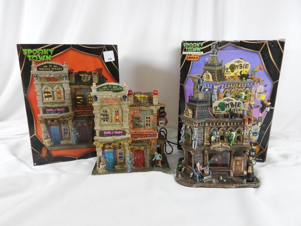 LOT OF 2 LEMAX SPOOKY TOWN: Club/Cafe: LOT OF 2 LEMAX SPOOKY TOWN in original boxes and with adapters/not tested: Rock n' Roll Blues Club with jack-o-lantern lights, grim reaper, jack-o-lanterns and more, 6.75"Lx4.5"Wx8"T; ZOMBIE Cafe with