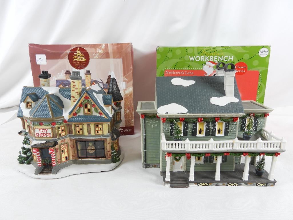 LOT OF 2 CHRISTMAS House/Toy Shoppe: LOT OF 2 CHRISTMAS in original boxes:(Nettlecreek Lane comes with adapter Toy Shoppes missing adapter NOT TESTED)Santa's Workbench: Nettle Creek Lane displays quaint house with garland, 2 stories, and