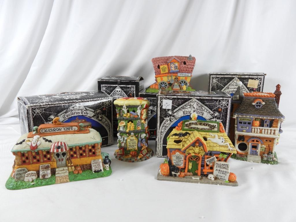 LOT OF 5 CREEPY HOLLOW HALLOWEEN LIGHTED Decor: LOT OF 5 CREEPY HOLLOW HALLOWEEN LIGHTED Decor in original boxes with corded bulbs (not tested): Drearydale Manor Limited Edition of 5000 Pieces, with ghosts, jack-o-lanterns and more, 6"Lx4.75"Wx9"T;