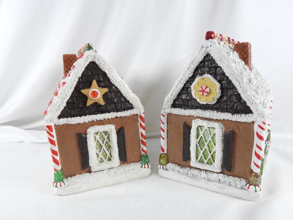 LOT OF 2 TRADITIONS by BYERS CHOICE gingerbread: LOT OF 2 TRADITIONS by BYERS CHOICE gingerbread houses, LARGE CRACK ON BACK CORNER OF ONE HOUSE, 2008 glittery accents, dimensions: 9.5"Lx7"Wx10"T each