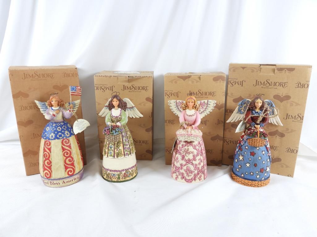 LOT OF 4 JIM SHORE HEARTWOOD CREEK TABLETOP ANGELS: LOT OF 4 JIM SHORE HEARTWOOD CREEK ANGELS: Jim Shore 4014042 "Angle of Liberty" Angel dressed in red white and blue stars on the front of her dress and white wings with blue design holding basket of r