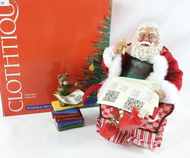 POSSIBLE DREAMS CLOTHTIQUE 25 Across Santa: POSSIBLE DREAMS CLOTHTIQUE 25 Across Santa with bear #15111 with original box. Santa 10"Tx6"Lx8"W and bear on books 5"Tx3"Lx3"W
