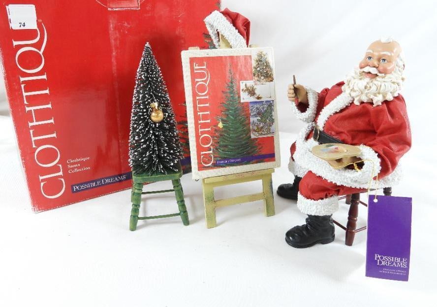 POSSIBLE DREAMS CLOTHTIQUE Vincent Van Claus: POSSIBLE DREAMS CLOTHTIQUE Vincent Van Claus #713264 with easel and tree in original box. Santa 9"Tx6"Lx4"W, Easel 10.5"Tx4"Lx4.5"W, Tree 9"Tx3"Lx3"W