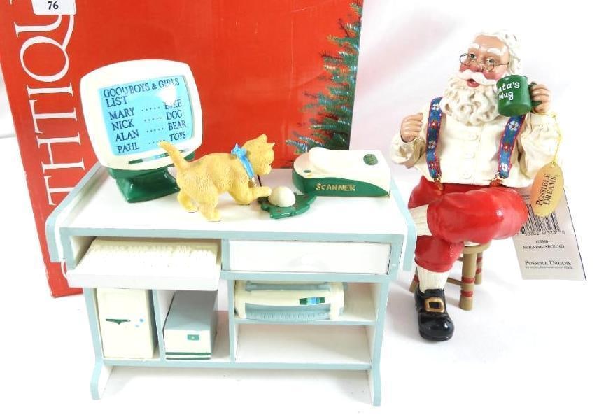 POSSIBLE DREAMS CLOTHTIQUE Mousing Around #713360: POSSIBLE DREAMS CLOTHTIQUE Mousing Around #713369 in original box, Santa with mug and cat on computer desk (missing Santas list of names), Santa 8"Tx4.5"Lx5"W, Desk with cat 8"Tx7.5"Lx4"W