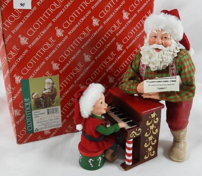 POSSIBLE DREAMS CLOTHTIQUE Play It Again, Santa: Dept 56 POSSIBLE DREAMS CLOTHTIQUE Play It Again, Santa #800064, Santa holding sheet music with boy at piano, Musical: "Christmas Medley" (2 AA batteries not included), Santa 9.5"Tx5"Lx5"W, boy 5"Tx2.