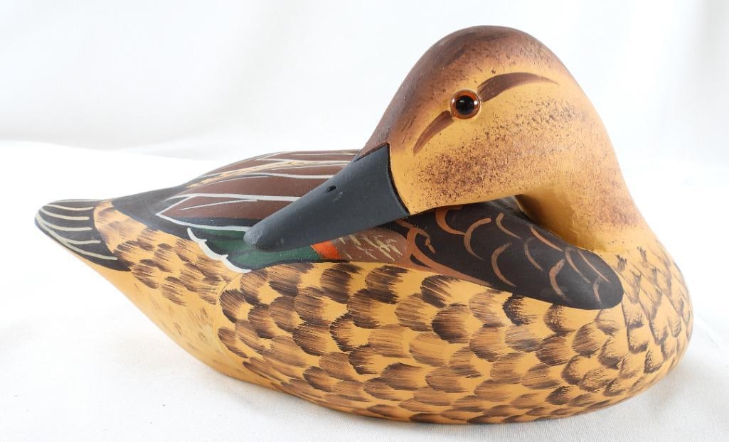 Lisa Byrd hand-carved and painted wooden Green-wing teal hen duck decoy, carved logo initials, (1 of 6)