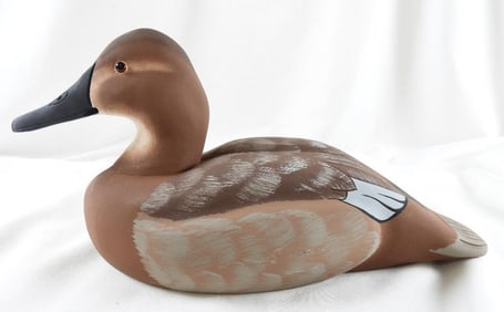 Lisa Byrd hand-carved and painted wooden Canvasback Hen duck decoy, initials carved, signed/dated